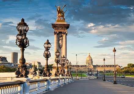 brown structure, street, Avenue, France, Paris, lights, architecture, Palace, Pont Alexandre III, HD wallpaper HD wallpaper