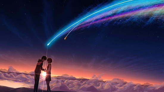 Anime Mann und Frau Charakter digitale Tapete, Kimi no Na Wa, Anime, Anime Mädchen, Himmel, Sternschnuppen, Sterne, Neon, HD-Hintergrundbild HD wallpaper