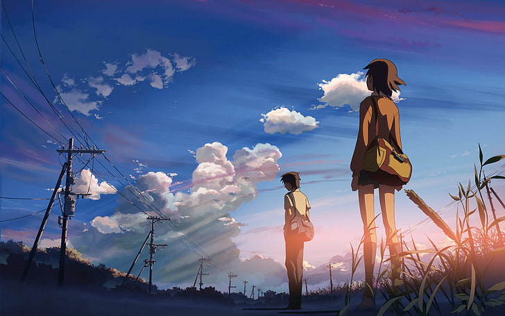 5 centímetros por segundo, anime, naturaleza, nubes, Makoto Shinkai, líneas eléctricas, luz solar, estudiantes, poste de electricidad, chicos de anime, chicas de anime, Fondo de pantalla HD