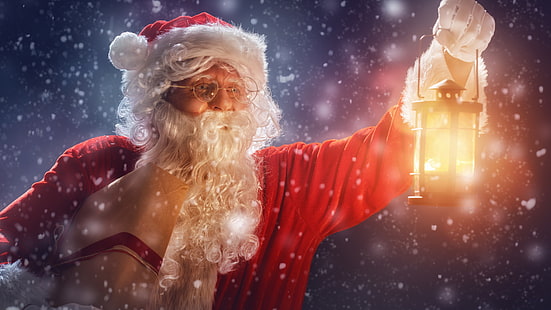 santa claus, christmas, christmas holidays, christmas holiday, lantern, snowfall, snowing, HD wallpaper HD wallpaper