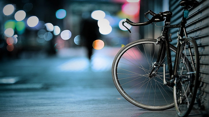 глубина резкости, велосипед, боке, улица, жалюзи, городские, город, ночь, HD обои