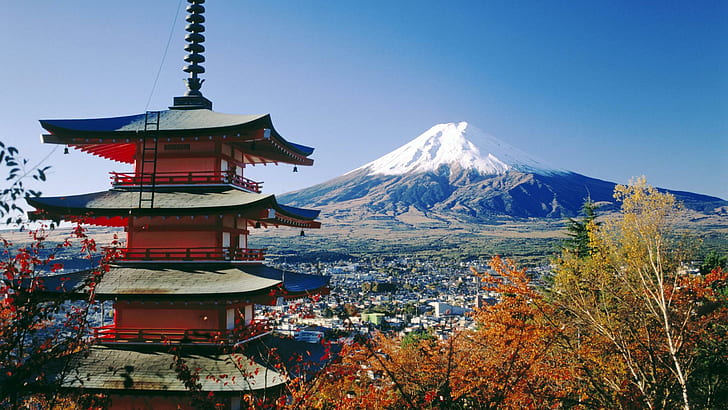 富士吉田、ビュー、山、写真、写真、建物、自然、建物、木、画像、町、写真、 HDデスクトップの壁紙