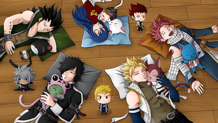 Anime, Fairy Tail, Charles (Fairy Tail), Frosch (Fairy Tail), Gajeel Redfox, Happy (Fairy Tail), Laxus Dreyar, Lector (Fairy Tail), Natsu Dragneel, Panther Lily (Fairy Tail), Rogue Cheney, Sting Eucliffe, Wendy Marvell, Sfondo HD