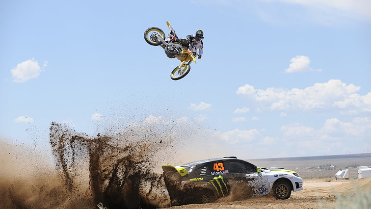 black, yellow, and green sports coupe with dirt bike, motorcycle, vehicle, Rally, HD wallpaper
