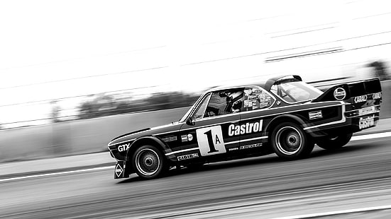  BMW 3.0 CSL, race cars, monochrome, Castrol livery, HD wallpaper HD wallpaper