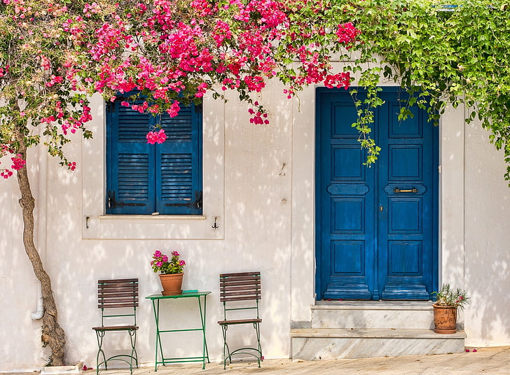 Traditional greek house with flowers in Paros..., blue wooden door, Europe, Greece, Travel, Summer, Sunny, Flowers, Table, Chairs, House, Tree, Photography, Afternoon, Blossoms, Vacation, Paros, Lefkes, bluedoor, bluewindow, HD wallpaper