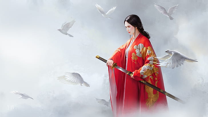 Fantasy, Women Warrior, Bird, Black Hair, Dove, Girl, Katana, Kimono, Oriental, Sword, Woman Warrior, HD wallpaper