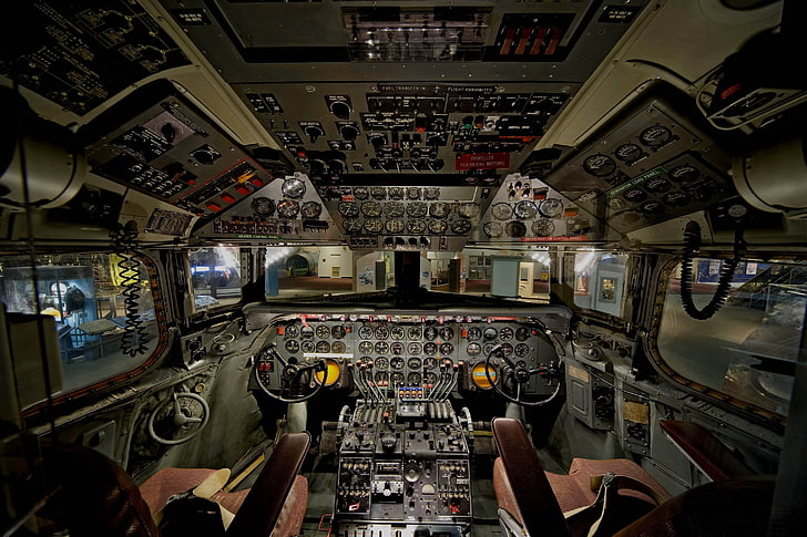 black aircraft steering wheel, aircraft, cockpit, Douglas C-54, HD wallpaper