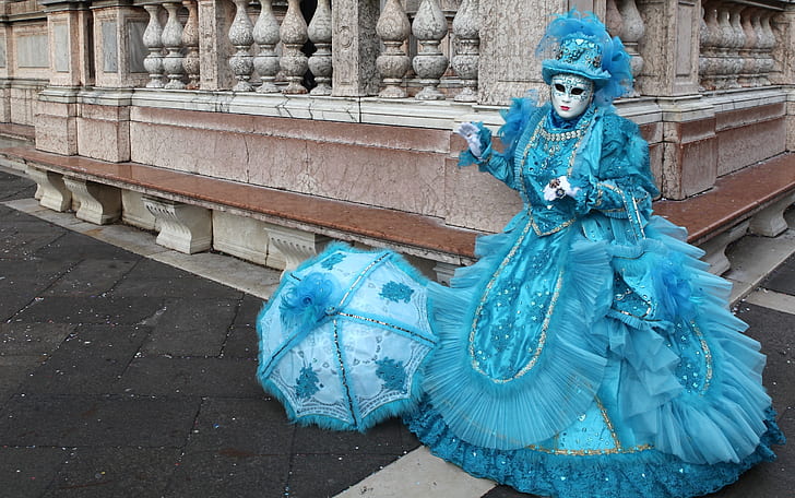 azul, guarda-chuva, máscara, traje, Veneza, carnaval, HD papel de parede