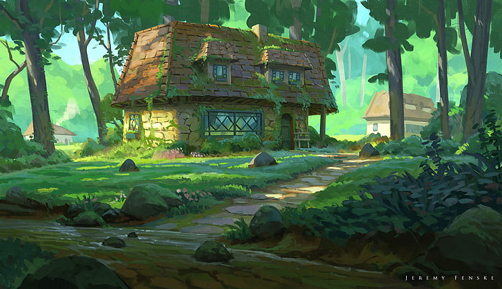brunt och grönt hus och träd illustration, Jeremy Fenske, skog, träd, hus, växter, mossa, gräs, stenar, väg, byggnad, HD tapet