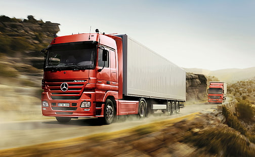 красная и серая коробка Mercedes-Benz, дорога, скорость, дальнобойщики, грузовики, мерседес актрос, тягачи, HD обои HD wallpaper