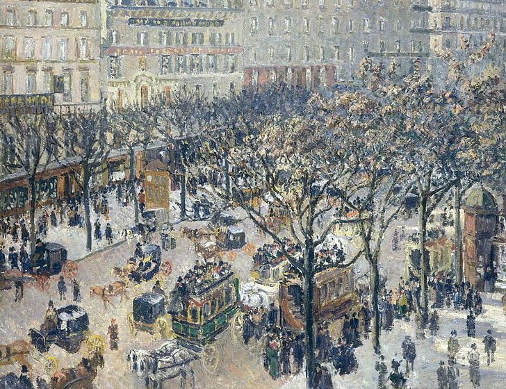 gata, hem, bild, det urbana landskapet, Camille Pissarro, italienarens boulevard. Morgon. Solljus, HD tapet