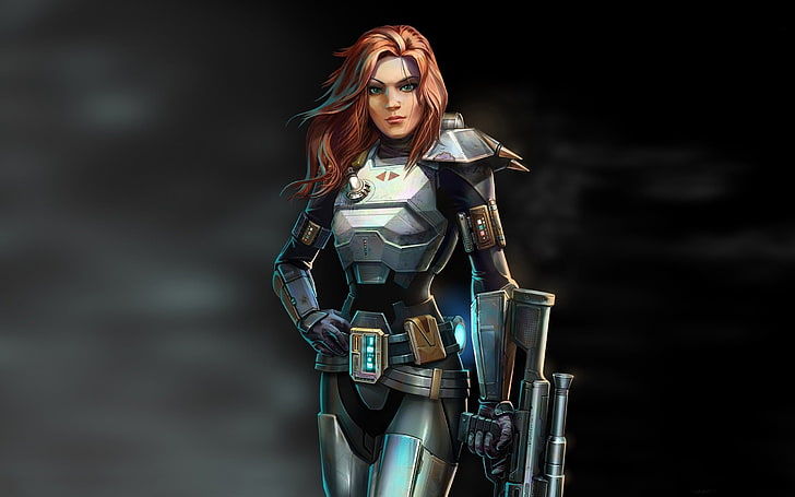 brown-haired woman robot character, SWTOR, bounty hunter, Star Wars, Star Wars: Knights of the Old Republic, HD wallpaper