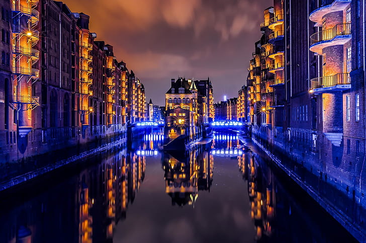 Hamburg, lights, city, water, reflection, Germany, HD wallpaper