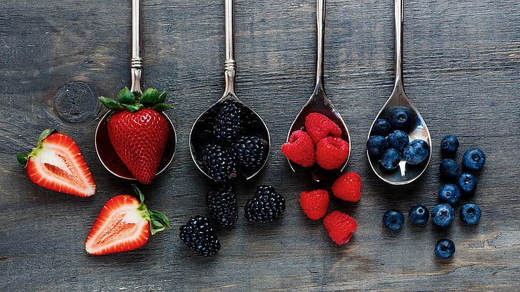 fruit, food, blackberries, spoons, raspberries, blueberries, strawberries, HD wallpaper