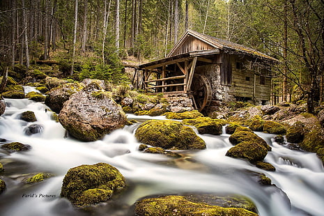 nature, long exposure, watermills, creeks, wood house, moss, rocks, HD wallpaper HD wallpaper