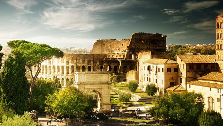 cityscape architecture rome italy old building trees ruin clouds colosseum, HD wallpaper