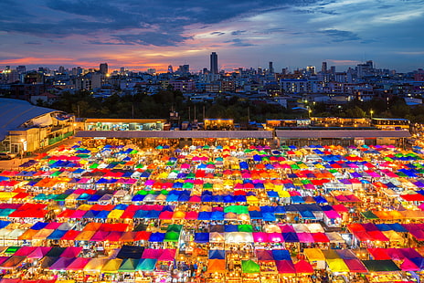 berbagai macam rumah warna, arsitektur, bangunan, lanskap kota, warna-warni, Bangkok, Thailand, matahari terbenam, malam, lampu, pasar, Wallpaper HD HD wallpaper