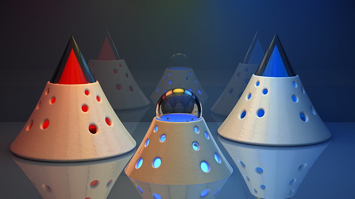 Drei Lampen in verschiedenen Farben, Dreiecke, Kugel, hell, Glas, HD-Hintergrundbild