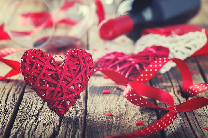 любовь, вино, сердце, лента, подарки, сердечки, дерево, романтика, День святого Валентина, HD обои | Wallpaperbetter