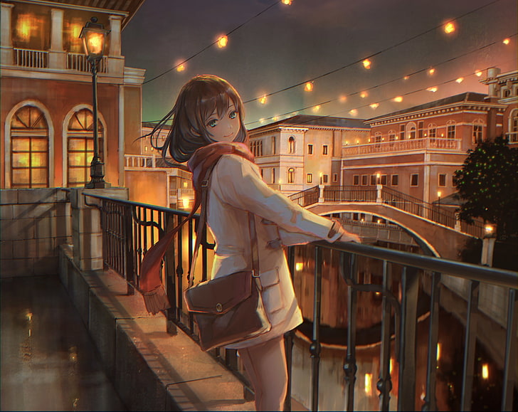 anime girl, smiling, scarf, light, canal, bag, buildings, scenic, lanterns, Anime, HD wallpaper