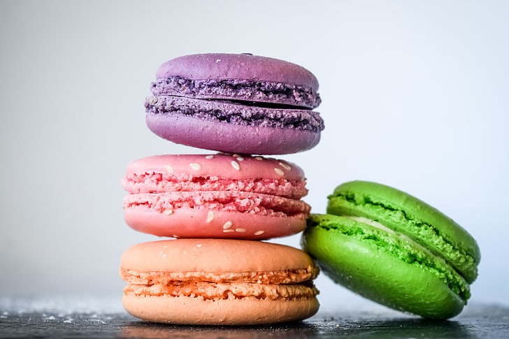 four French macarons, macaroons, almond biscuits, pastries, colorful, HD wallpaper