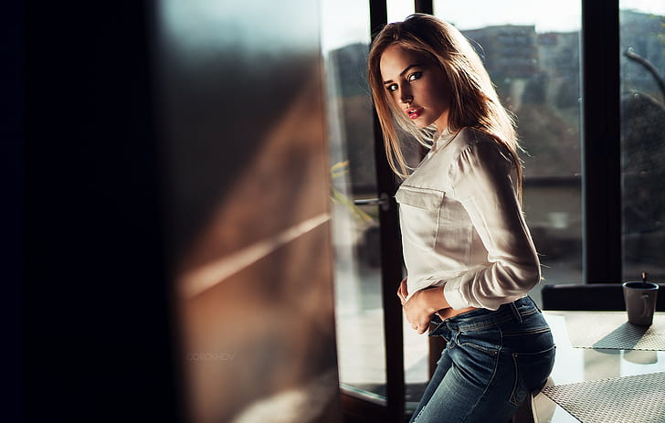 Maria Puchnina, pants, blonde, looking at viewer, Ivan Gorokhov, jeans, women, portrait, model, white shirt, HD wallpaper