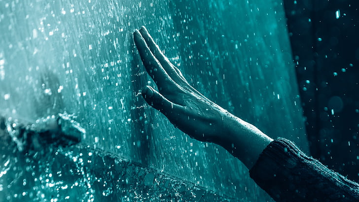tangan, hujan, tetesan, air, biru, tetesan hujan, hujan, sentuhan, tak berdaya, Wallpaper HD