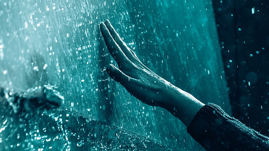 mão, chuva, gotas, água, azul, gotas de chuva, chuvoso, toque, desamparado, HD papel de parede HD wallpaper