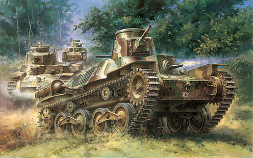 brown and green tank, war, art, tank, Japanese, easy, &quot;Ha-Go&quot;, type-95, Type 95, HD wallpaper HD wallpaper