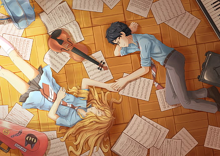 personagem de anime de cabelos castanhos, Anime, Your Lie in April, Kaori Miyazono, Kousei Arima, HD papel de parede HD wallpaper
