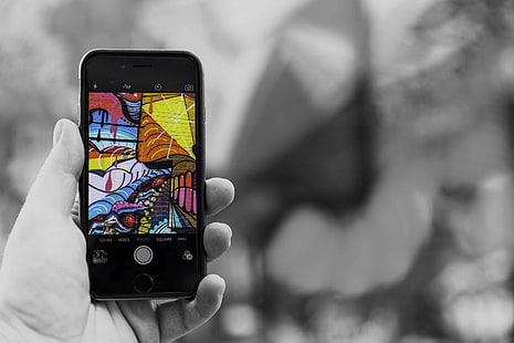 чёрно-белое, сотовый, сотовый телефон, сотовый, цветной поп, устройство, мобильный, телефон, экран, смартфон, уличное искусство, HD обои HD wallpaper