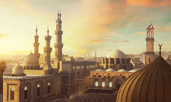 белый и серый храм, Египет, Рамадан, Мечеть, Городской пейзаж, 4K, HD обои
