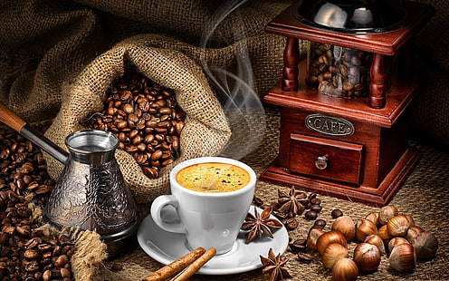café, comida, grãos, copa, natureza morta, canela, turco, moedor de café, HD papel de parede HD wallpaper
