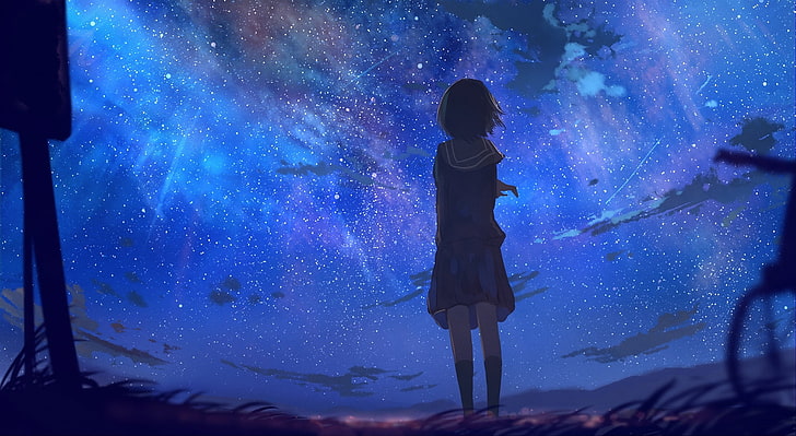 anime girl, stars, scenic, space, back view, school uniform, sky, Anime, HD wallpaper