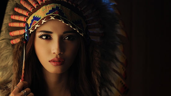 plumas, mujeres, ropa de nativos americanos, Fondo de pantalla HD HD wallpaper