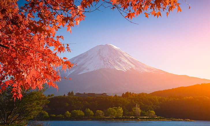 есен, небето, листа, цветни, Япония, червено, клен, планина Фуджи, пейзаж, планина Фуджи, HD тапет