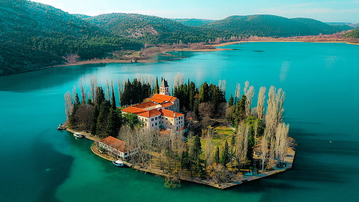 Religiös, Kloster, Kroatien, Insel, Berg, Baum, Visovac-Kloster, HD-Hintergrundbild