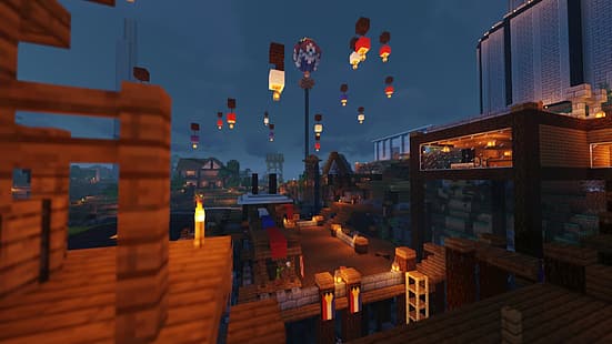 Minecraft, шейдъри, нощ, светлини, HD тапет HD wallpaper
