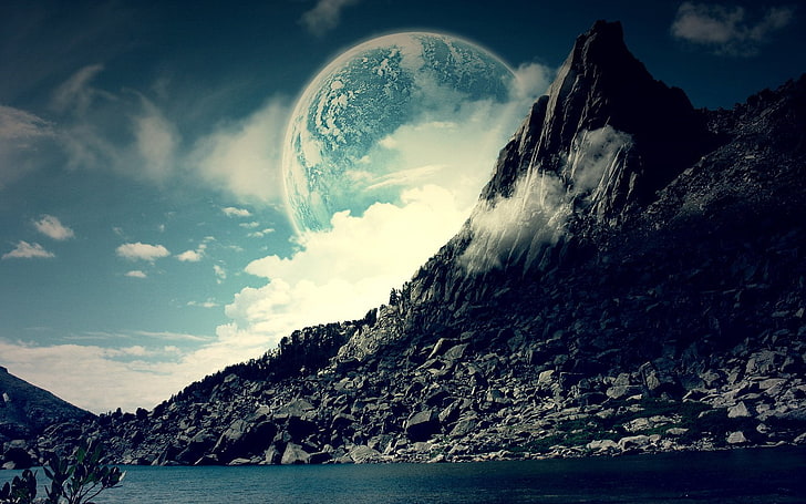 body of water near rock formation digital wallpaper, Earth, A Dreamy World, Mountain, HD wallpaper