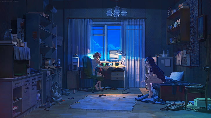 TV komputer malam di dalam ruangan kamar buku geek palsu anime televisi anime gadis arsenixc 1920x1080 w Anime Hot Anime HD Art, Komputer, tv, Wallpaper HD