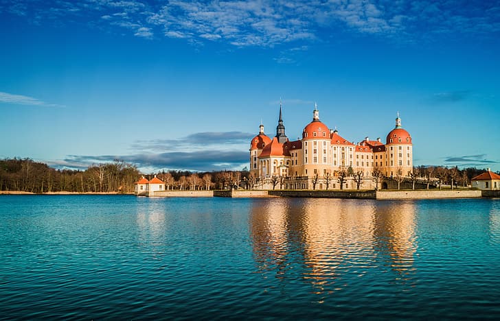 езеро, отражение, замък, Германия, Саксония, Морицбург, замък Морицбург, HD тапет