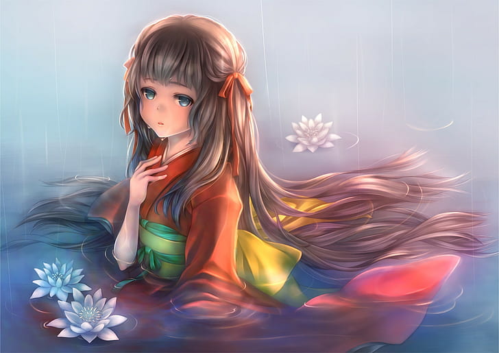 anime, anime girls, kwiaty, japońskie ubrania, kimono, długie włosy, deszcz, woda, Tapety HD