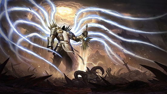 Тираэль - Diablo III, рыцарь с мечом, иллюстрация, игры, 2560x1440, Diablo, Diablo III, Тираэль, HD обои HD wallpaper