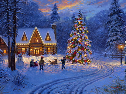 Semester, jul, konstnärlig, barn, julgran, hus, ljus, snö, snögubbe, HD tapet HD wallpaper