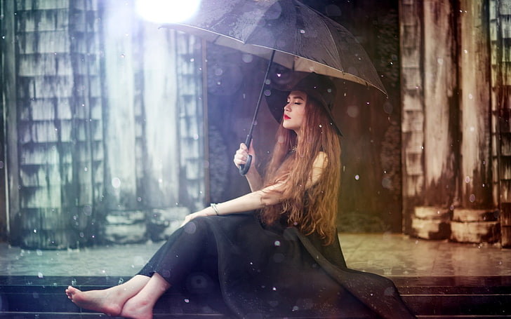 occhi chiusi, ombrello, asiatico, pioggia, donne, modella, Sfondo HD