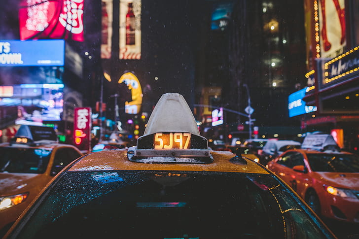 winter, glass, drops, snow, lights, street, New York, taxi, Manhattan, cars, night, United States, neon, Times Square, HD wallpaper