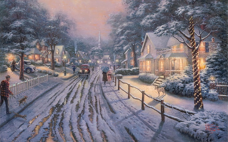 snow village digital wallpaper, winter, road, snow, machine, lights, people, dog, picture, Christmas, houses, umbrellas, town, painting, art, Thomas Kinkade, nice, cottage, Hometown Christmas Memories, cottages, dolmatinets, HD wallpaper