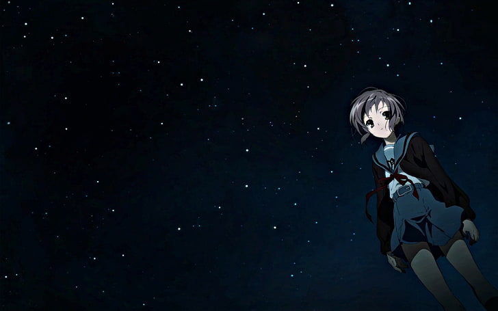black-haired female anime character, anime, night, sky, HD wallpaper