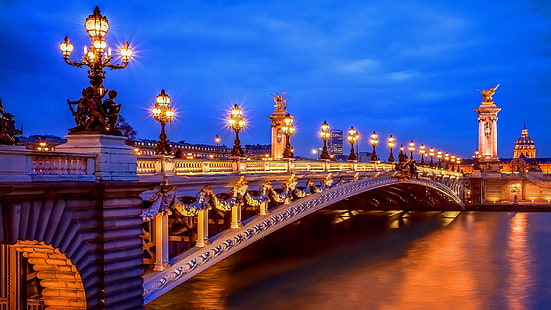 мост Александра III, Франция, Париж, мост, Европа, ЕС, сумерки, вечер, огни, Сена, река, мост Александра III, HD обои HD wallpaper